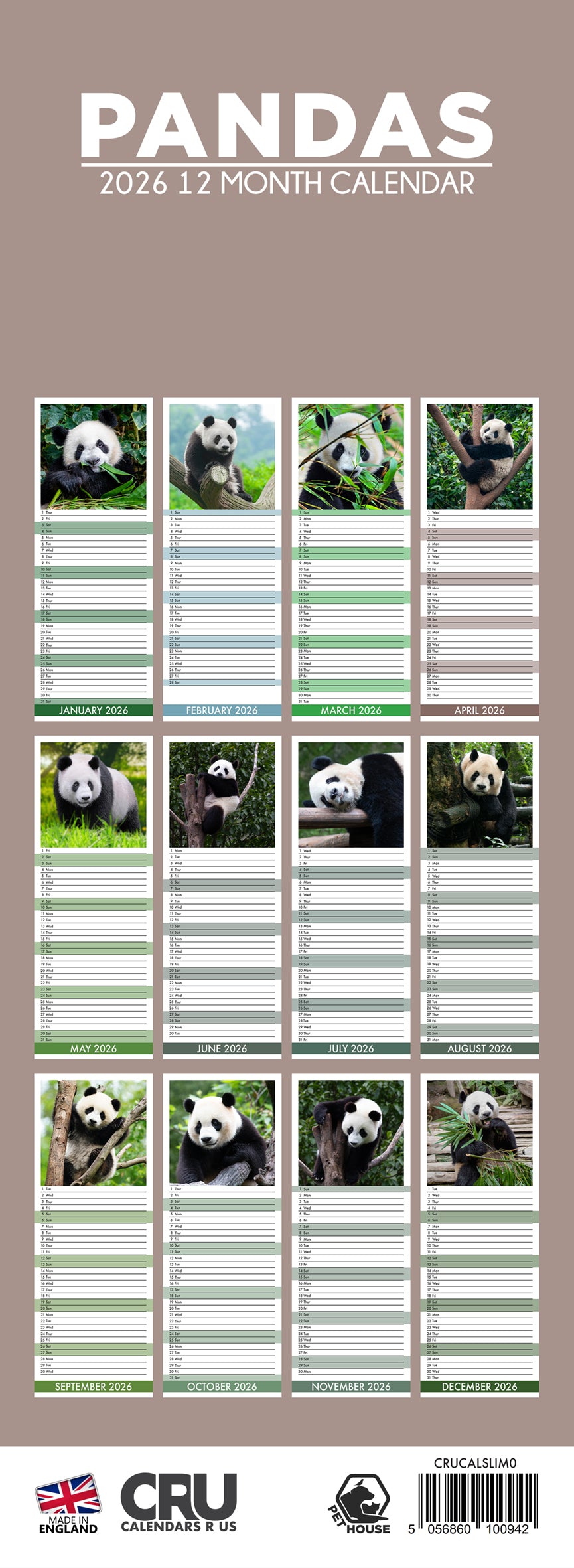 Pandas - Slim Calendar 2026