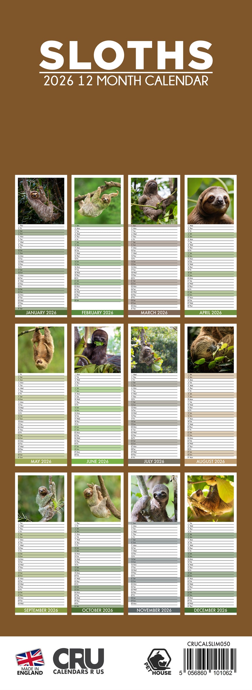 Sloths - Slim Calendar 2026