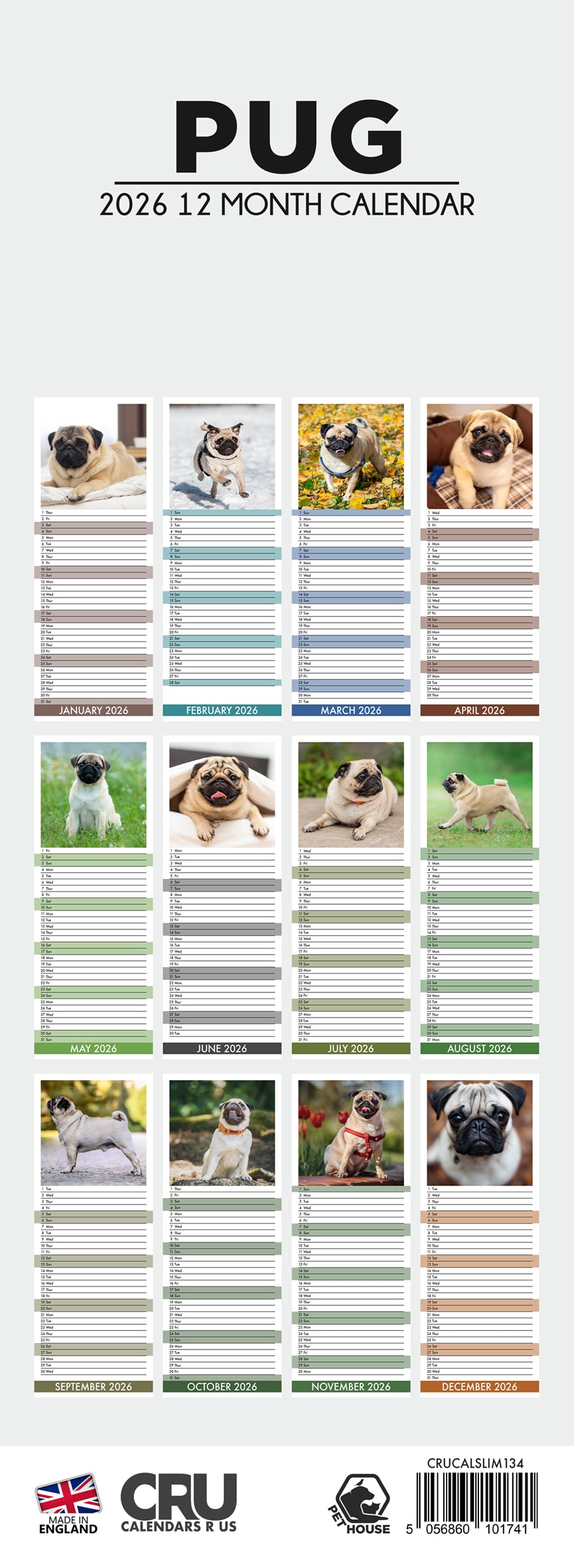 Pug - Slim Calendar 2026