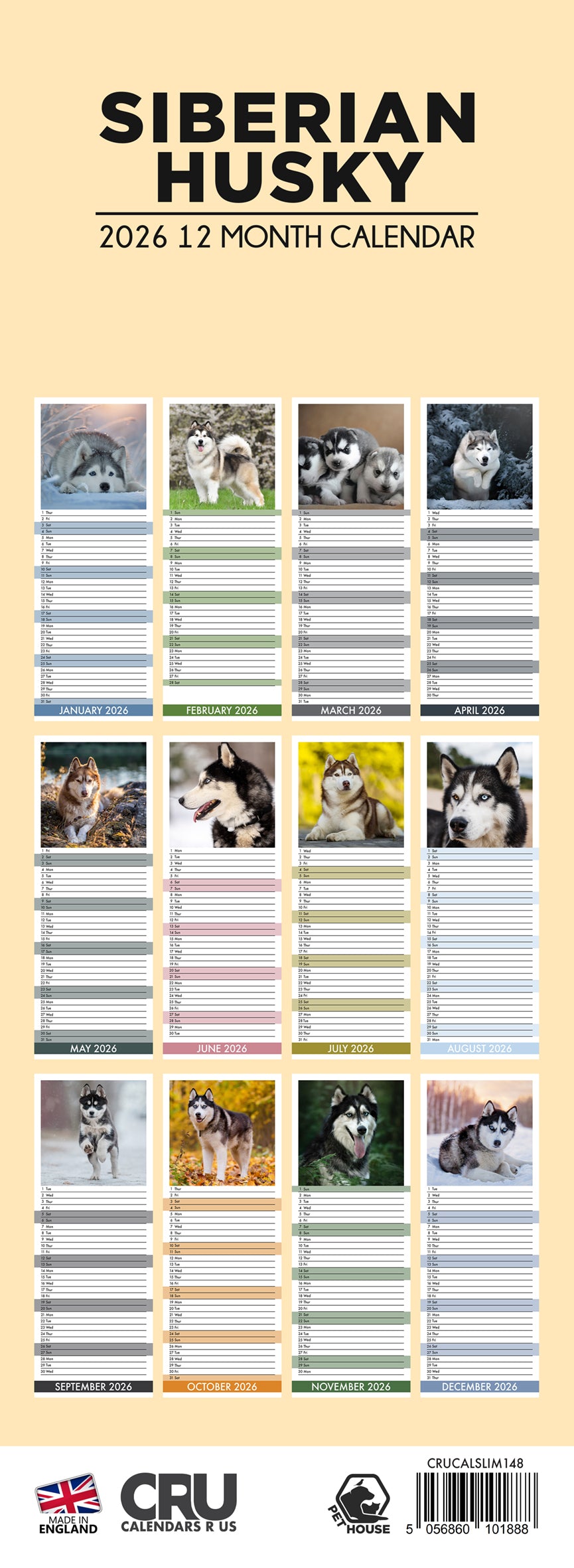 Siberian Husky - Slim Calendar 2026