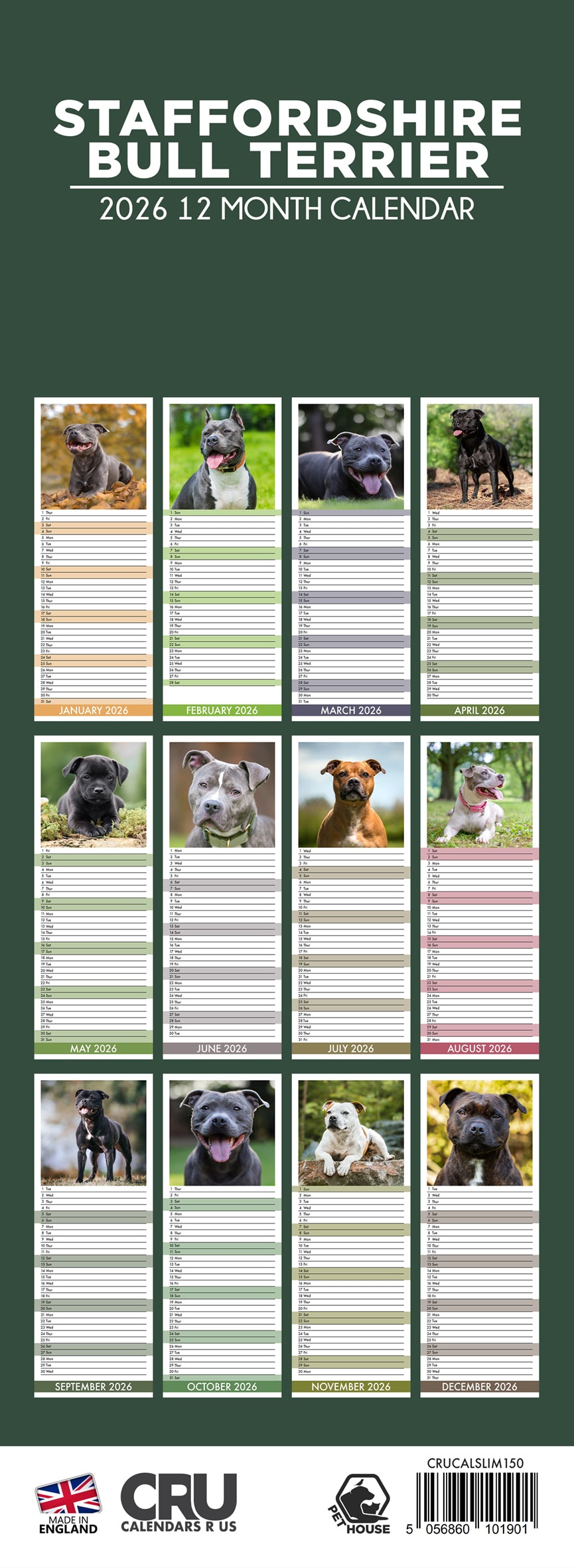 Staffordshire Bull Terrier - Slim Calendar 2026