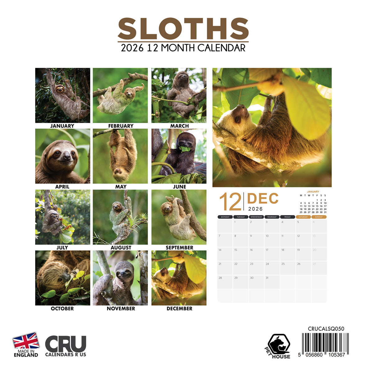 Sloths - Square Calendar 2026