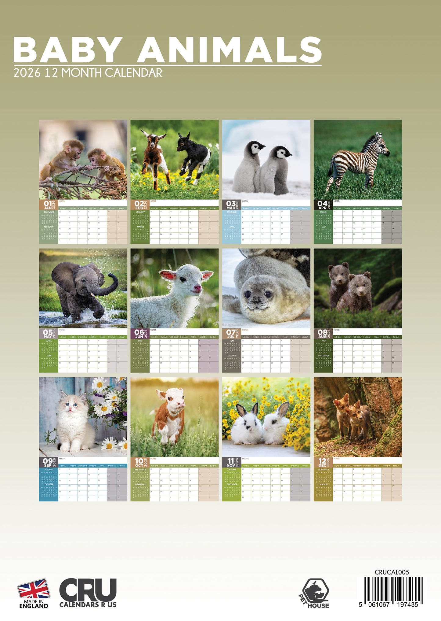Baby Animals - A3 Calendar 2026