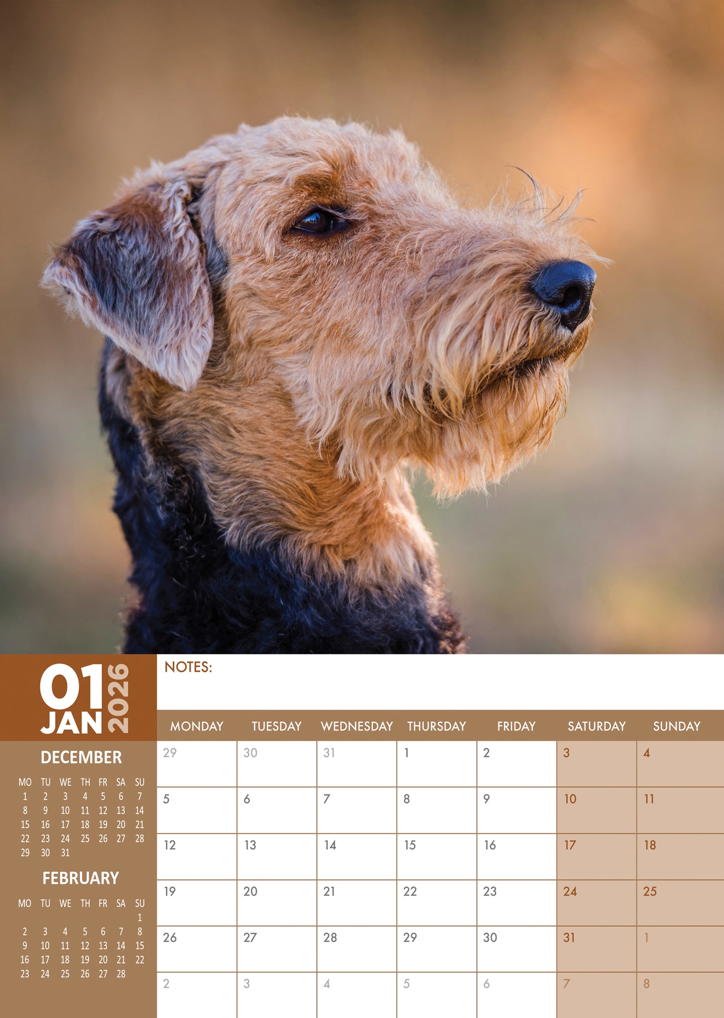 Airedale Terrier - A3 Calendar 2026