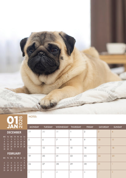 Pug - A3 Calendar 2026