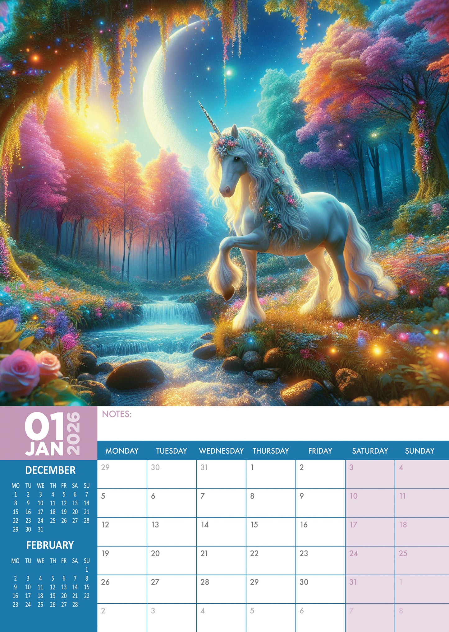 Majestic Unicorns - A3 Calendar 2026