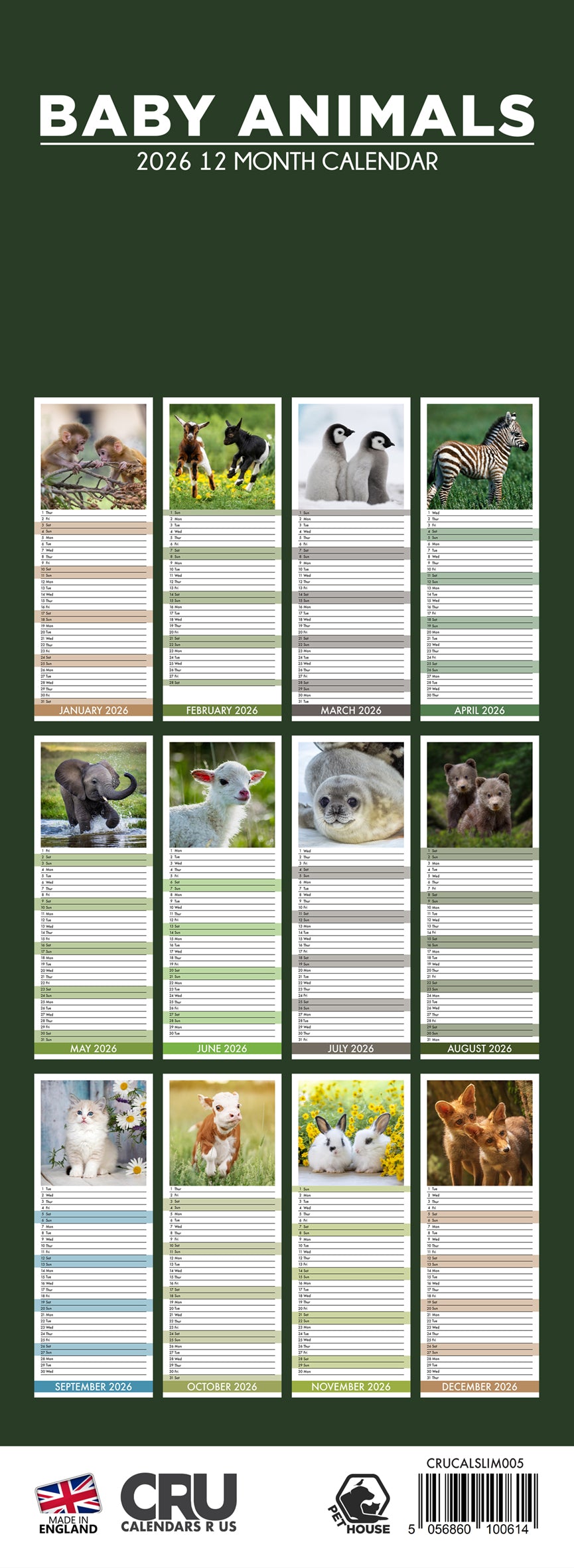 Baby Animals - Slim Calendar 2026