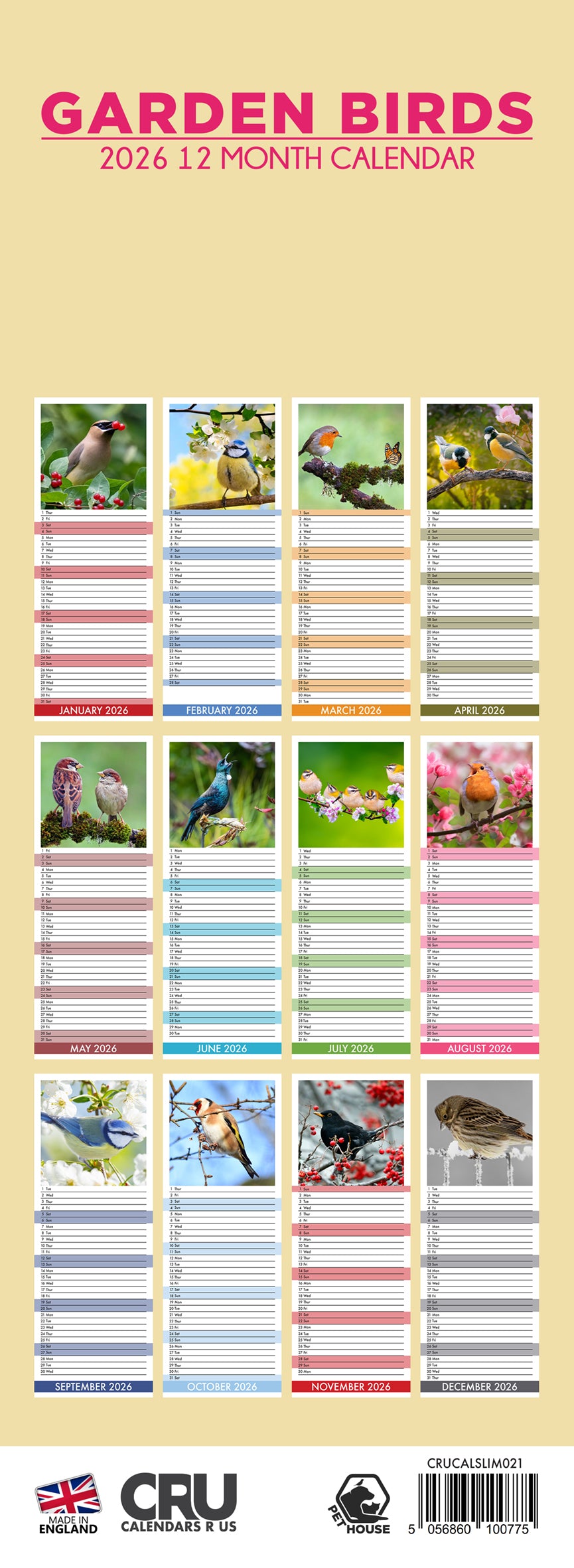 Garden Birds - Slim Calendar 2026