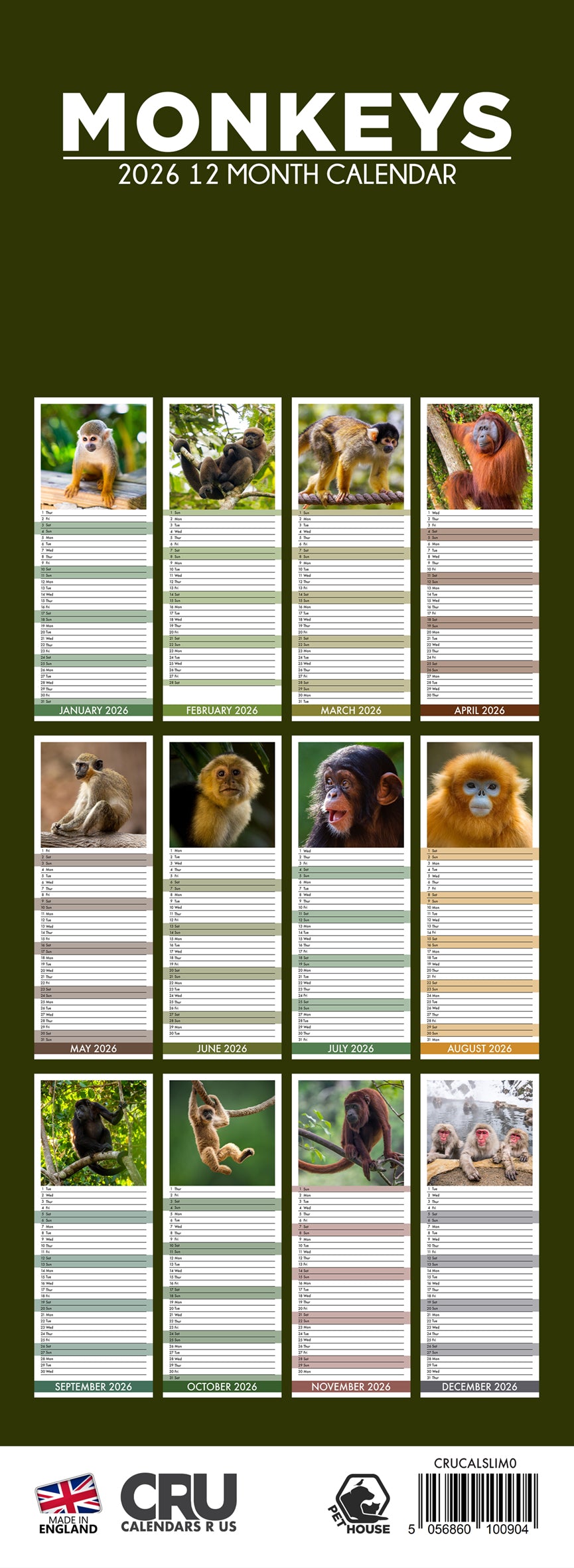 Monkeys - Slim Calendar 2026