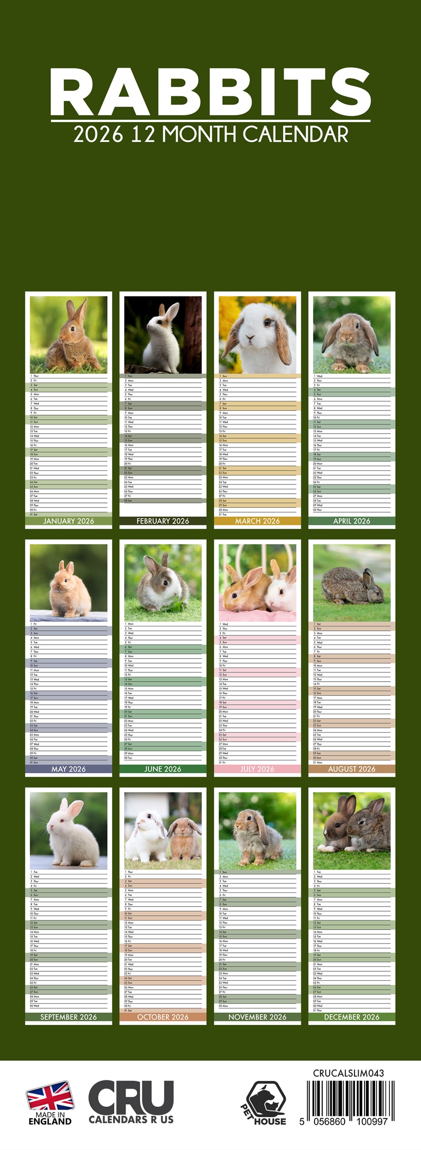 Rabbits - Slim Calendar 2026