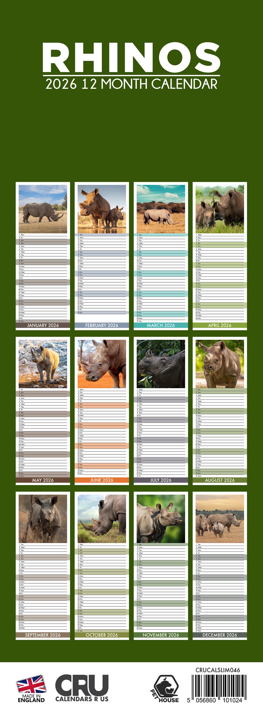 Rhinos - Slim Calendar 2026