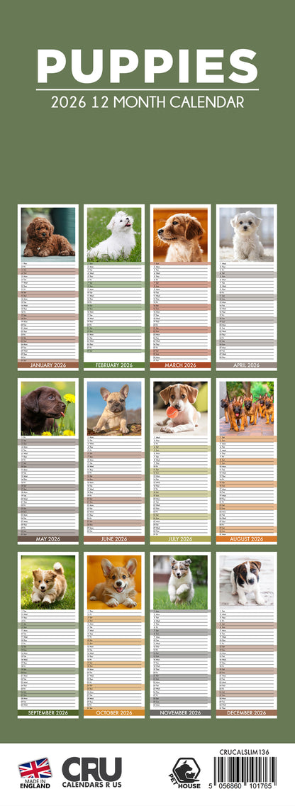 Puppies - Slim Calendar 2026